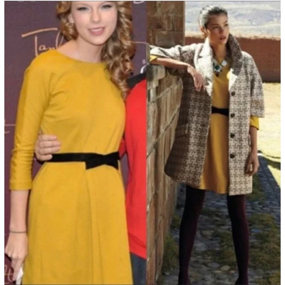 Anthropologie Girls from Savoy Fluted Ponte long sleeve Dress Golden Yellow Belt